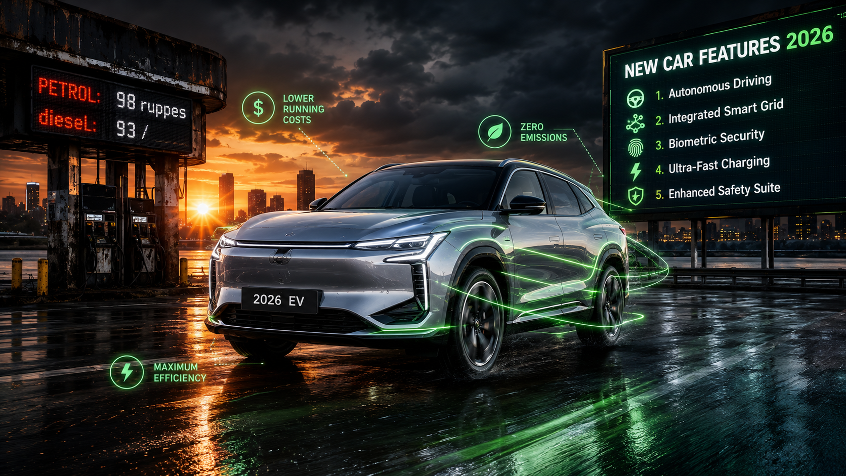 Futuristic silver electric SUV driving on wet road with 'NEW CAR FEATURES 2026' billboard listing smart tech and high-priced fuel sign (petrol : 98) at gas station.