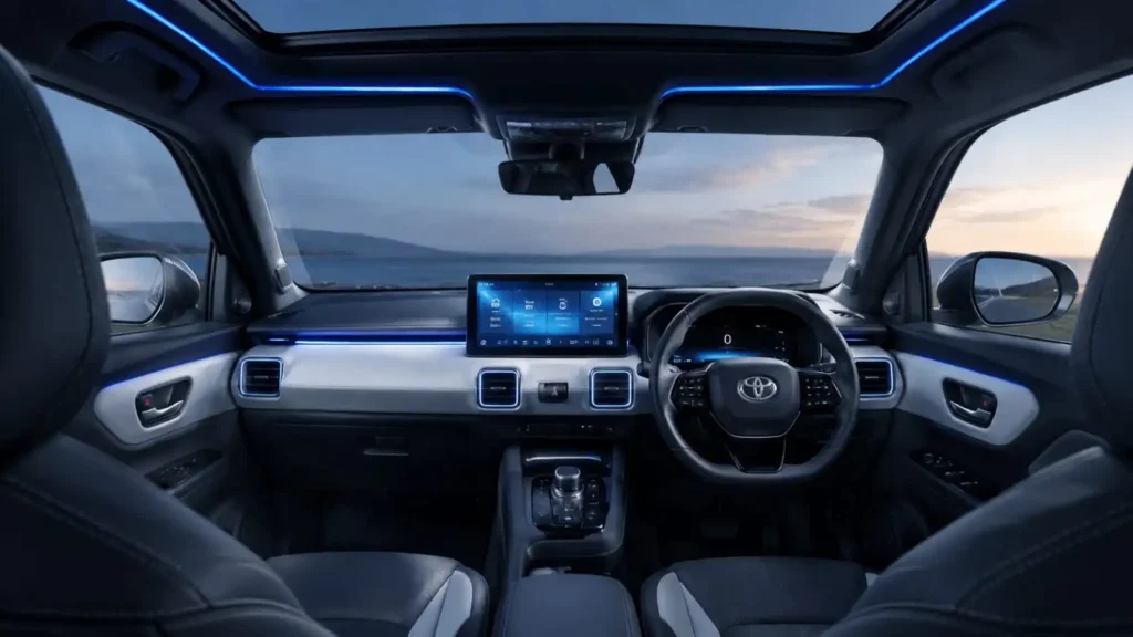 Toyota Urban Crusier Ebella 
कार का आधुनिक इंटीरियर, स्क्वायर एसी वेंट्स और डैशबोर्ड पर लगी टचस्क्रीन डिस्प्ले। toyota urban cruiser ebella price देखें।