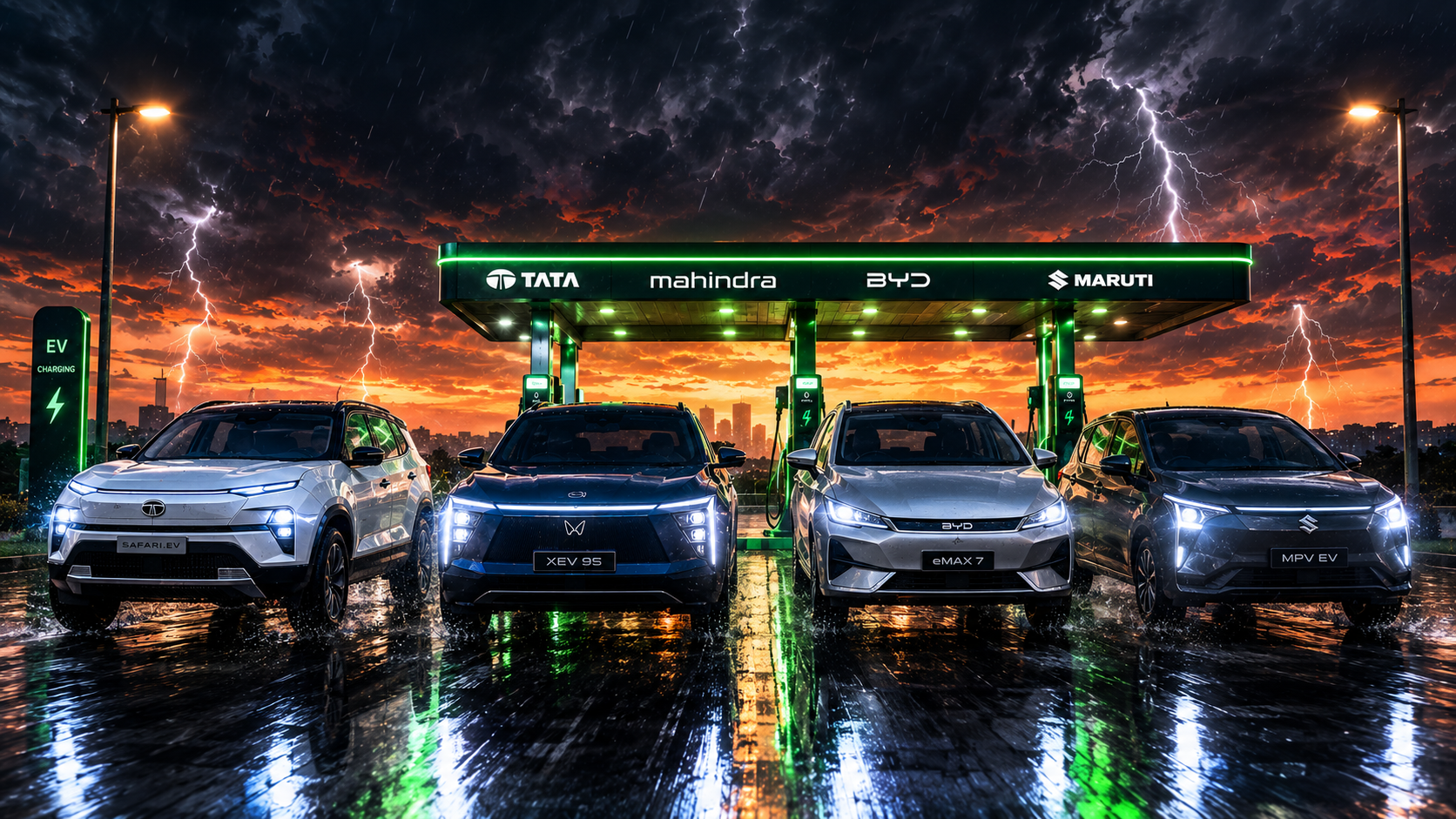 Group shot of upcoming Tata Safari EV, Mahindra XEV 9S, BYD eMAX 7, and Maruti electric 7-seater cars at a charging plaza during sunset.