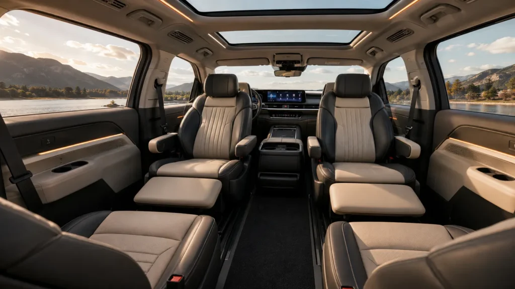 Immersive luxury second-row VIP lounge seating inside the premium cabin of the new Kia Carnival car.
