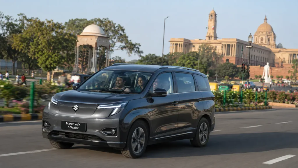 आने वाली Maruti Suzuki YMC इलेक्ट्रिक 7-सीटर फ़ैमिली MPV, जिसमें यात्री सवार हैं, शहर की सड़क पर चल रही है।