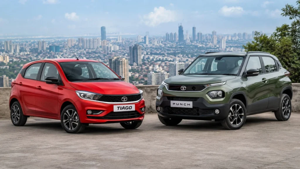 साफ धूप वाले दिन शहर के किनारे एक साथ खड़ी हुई रेड Tata Tiago  और ग्रीन Tata Punch कार।  महामुकाबला Tata Tiago vs Tata Punch 