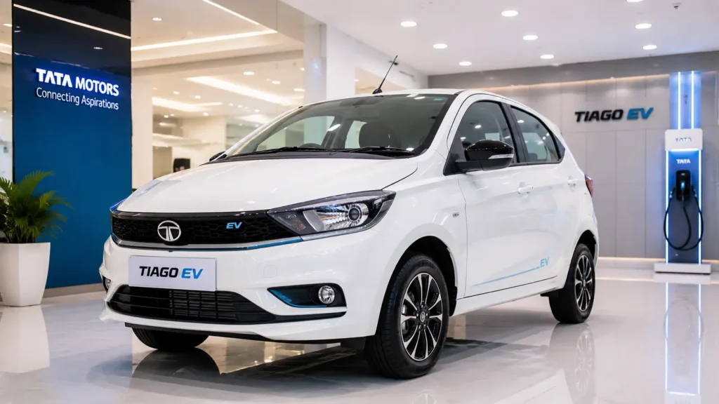 New White Tata Tiago EV displayed inside a brightly lit modern showroom.