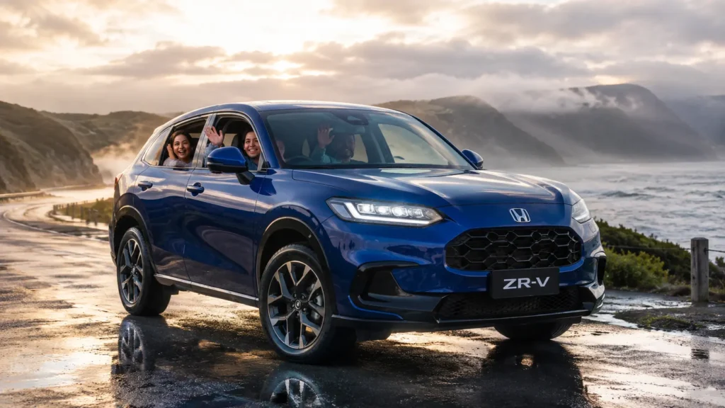 Metallic Deep Blue Honda ZR-V premium hybrid SUV on a scenic mountain road at sunset with LED headlights glowing.