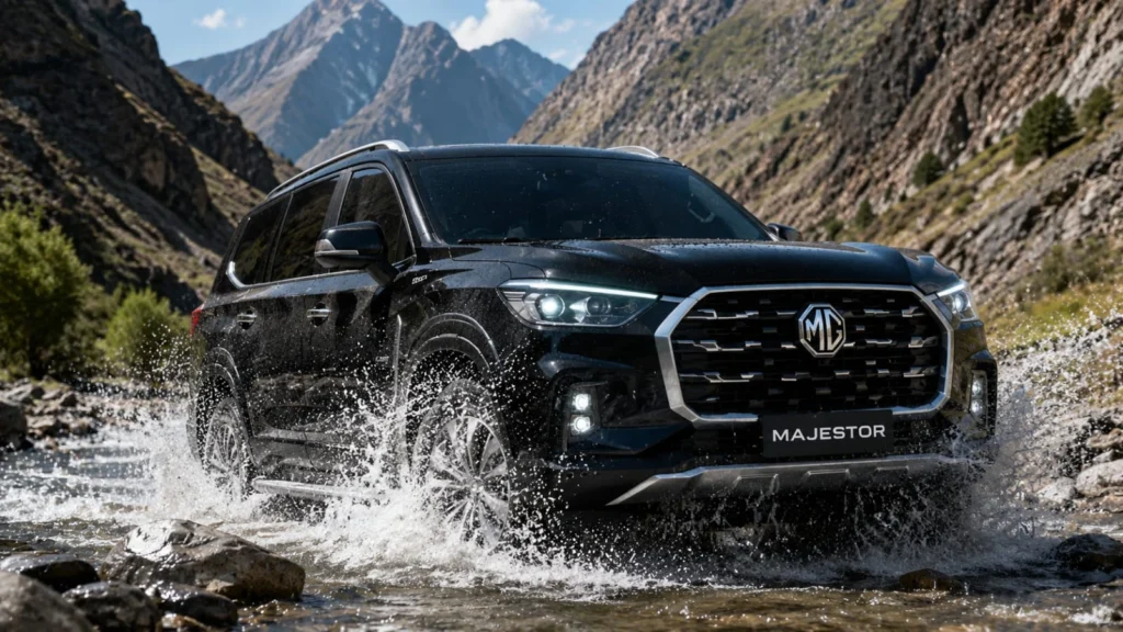 पथरीले पहाड़ी रास्ते और नदी के पानी को चीरती हुई शक्तिशाली काले रंग की MG Majestor 4x4 कार।