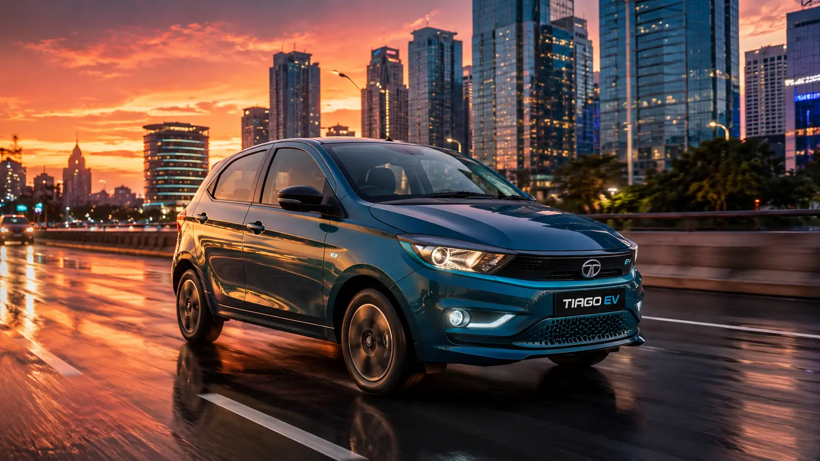 Vibrant Teal Blue Tata Tiago EV driving on a modern Indian city street at sunset.