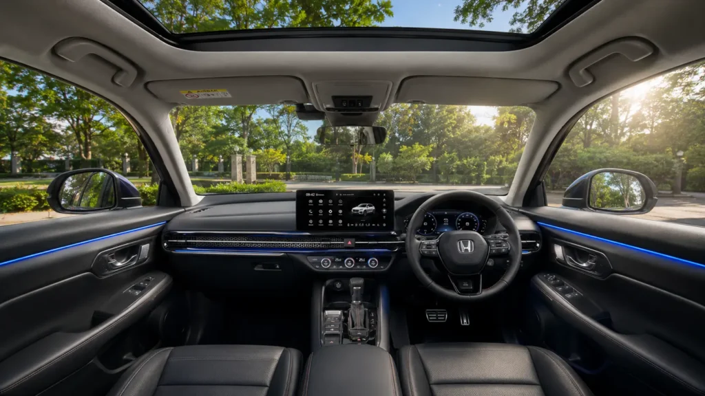 Interior cabin view of the high-end Honda ZR-V SUV showing a clean dashboard, massive touchscreen infotainment system, and open panoramic glass sunroof.