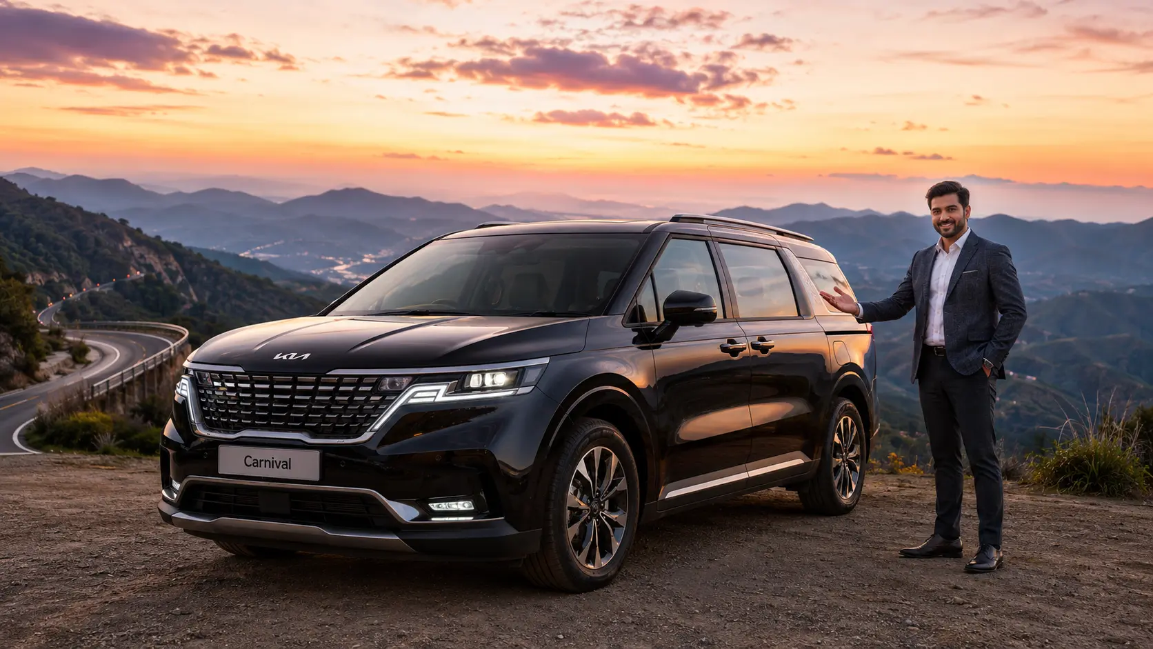 A smart car dealer presenting a glossy Black Kia Carnival on a beautiful mountain highway viewpoint at sunset.