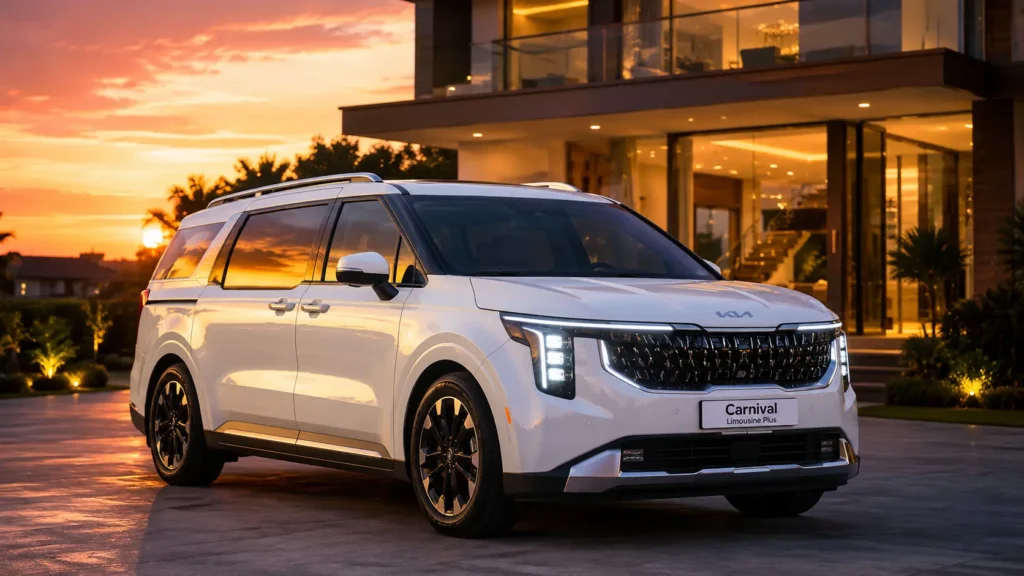 Front view of the luxury Pearl White Kia Carnival Limousine Plus parked outside a modern mansion at sunset.