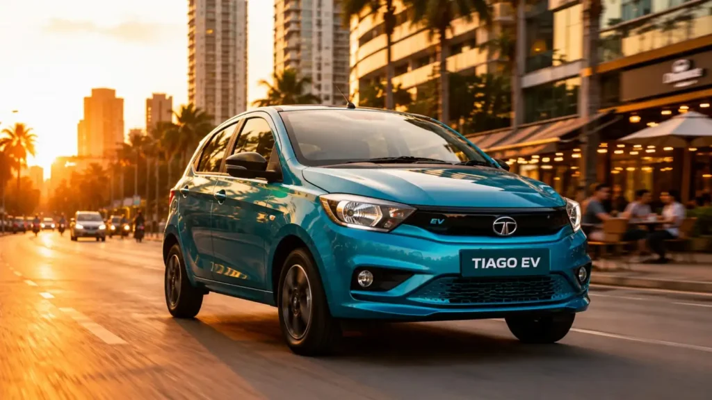 Vibrant teal Tata Tiago EV car driving through a modern Indian city street during golden hour sunset.
