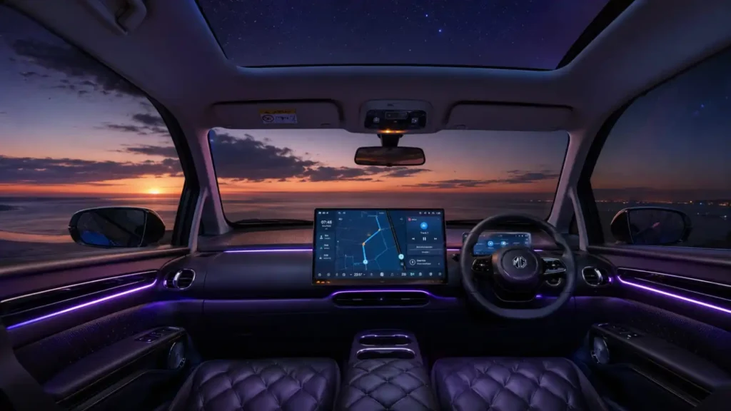 Luxury EV car interior featuring a massive 15.6-inch centre touchscreen and ambient purple lighting.
