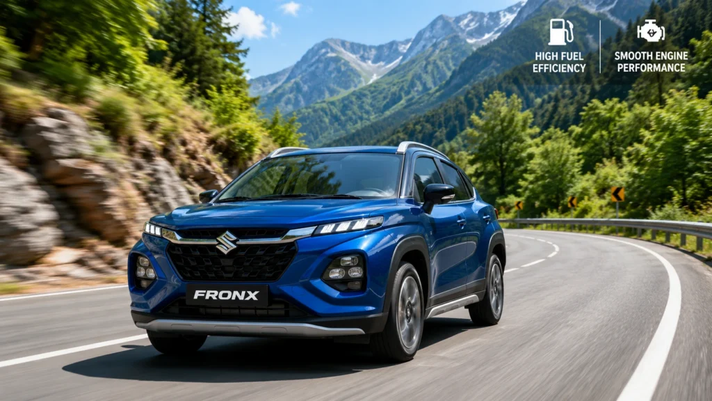 बेहतरीन माइलेज के साथ पहाड़ी रास्तों पर सफर करती हुई 2023 Maruti Suzuki Fronx Sigma गाड़ी।