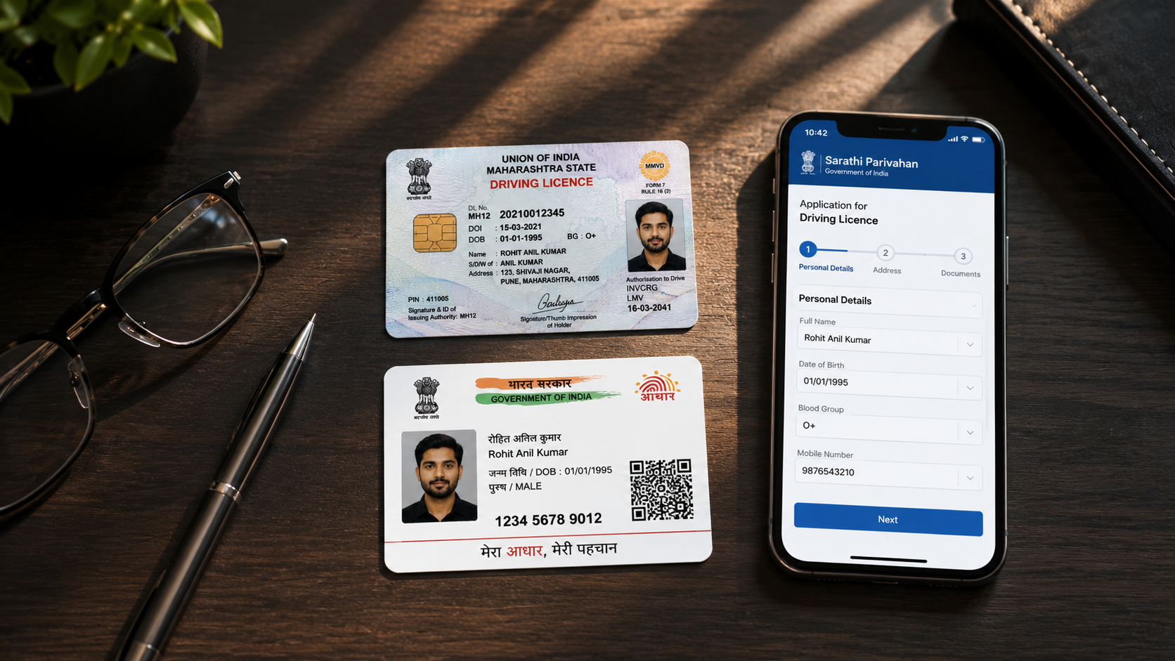 ऑफिस की टेबल पर रखा हुआ भारत सरकार का नया ड्राइविंग लाइसेंस, आधार कार्ड और ऑनलाइन आवेदन दिखाता हुआ मोबाइल फोन।