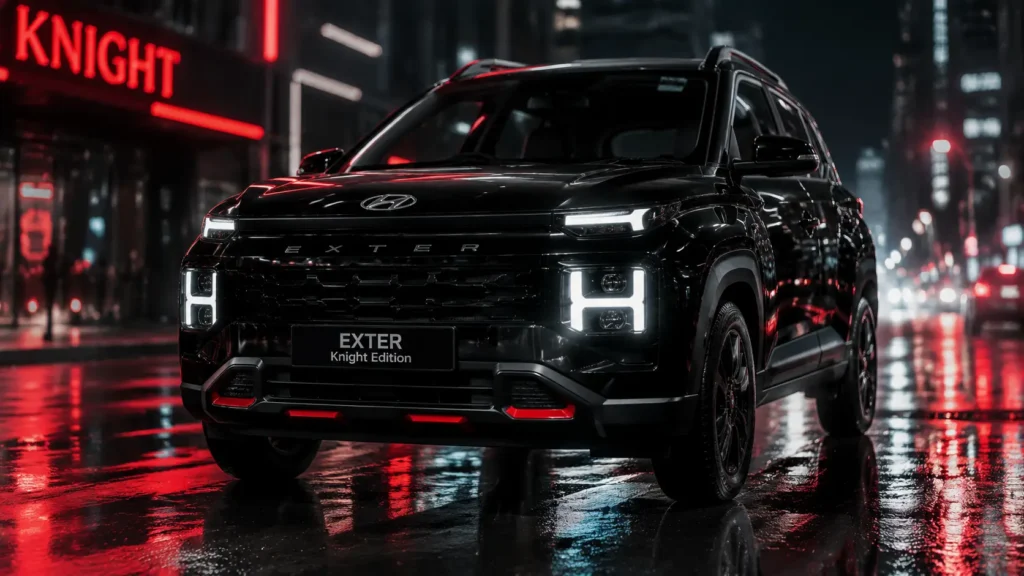 रात के समय शहर की सड़कों पर खड़ी Hyundai Exter Knight Edition का धांसू ब्लैक लुक।