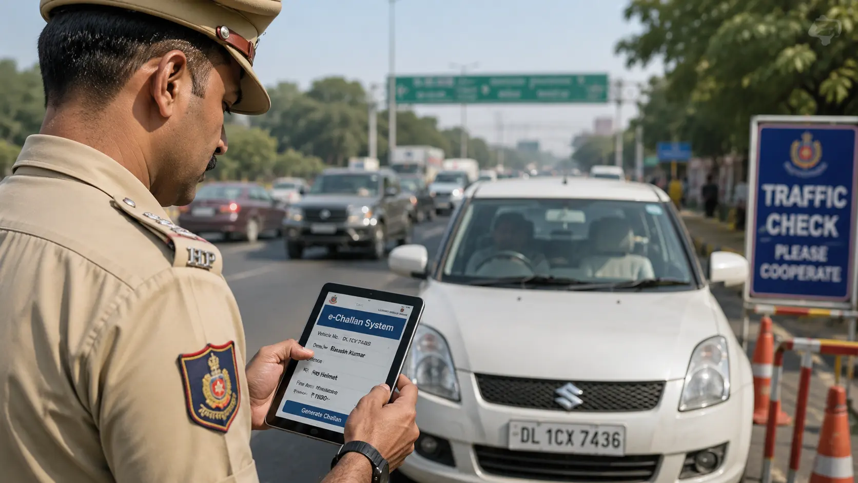 सड़कों पर गाड़ियों की नंबर प्लेट की जांच करते हुए ट्रैफिक पुलिस का सांकेतिक दृश्य।