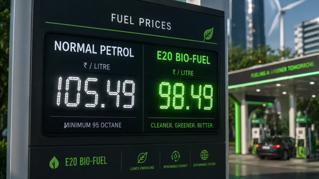 डिजिटल बोर्ड पर साधारण पेट्रोल और नए सस्ते E20 Petrol Price का तुलनात्मक प्रदर्शन।