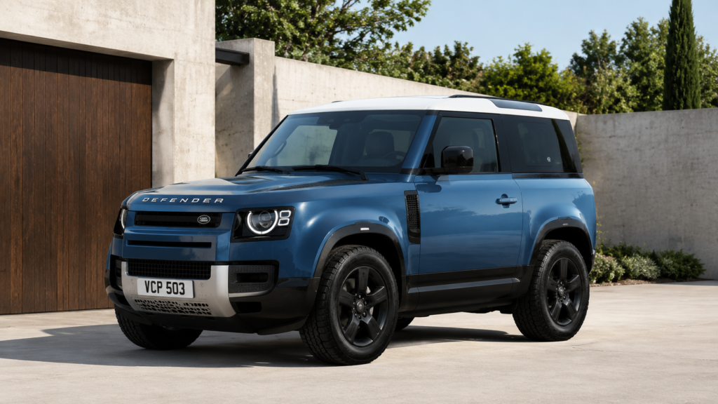 शानदार विला के सामने खड़ी सफेद छत वाली 3-डोर Land Rover Defender 90 का साइड प्रोफाइल दृश्य।