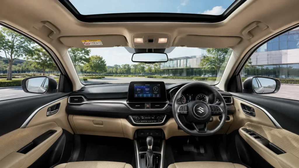 Swift dzire कार का अंदरूनी लग्जरी केबिन, बड़ा डैशबोर्ड और खुलती हुई शानदार इलेक्ट्रिक सनरूफ।