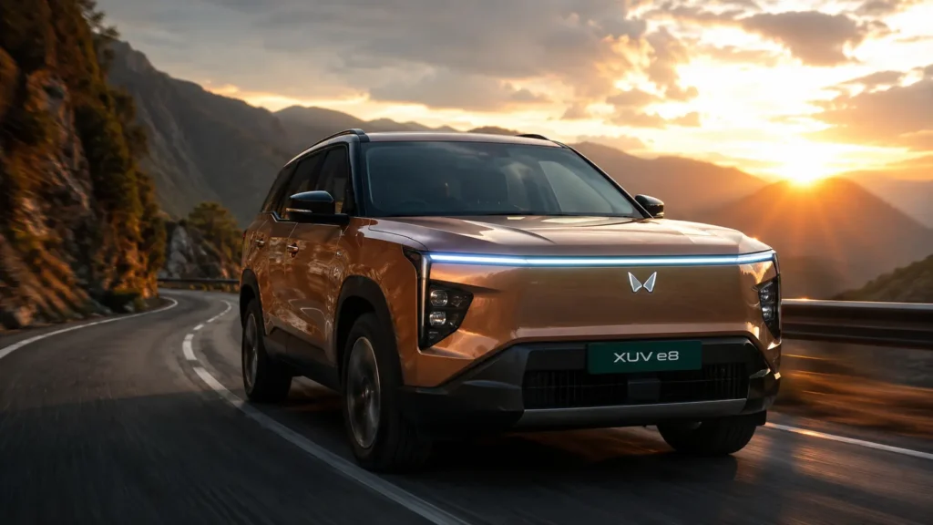 Mahindra XUV e8 पहाड़ के रास्तों पर चलती हुई महिंद्रा की नई इलेक्ट्रिक एसयूवी कार का स्टाइलिश फ्रंट लुक।