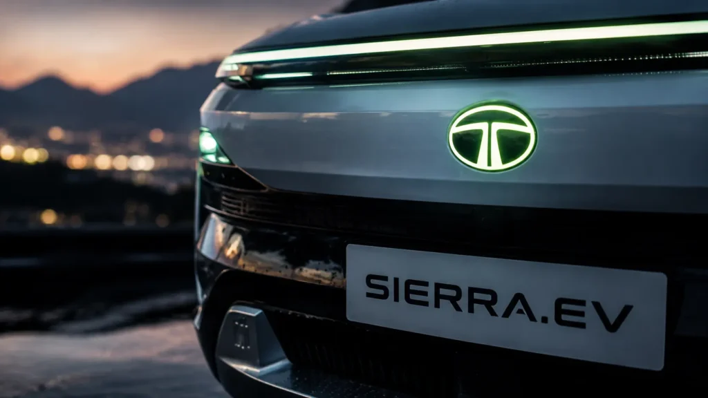 नई Tata Sierra EV कार के सामने का हिस्सा और उसका चमकदार डिजिटल टाटा लोगो।