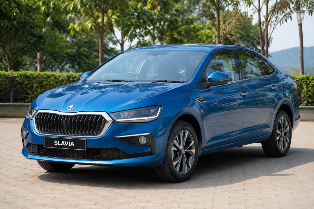 पार्क की गई नीली स्कोडा स्लाविया कार का फ्रंट और साइड लुक (Skoda Slavia Blue Color Front Look. Skoda Slavia on road price भी जानते हैं।