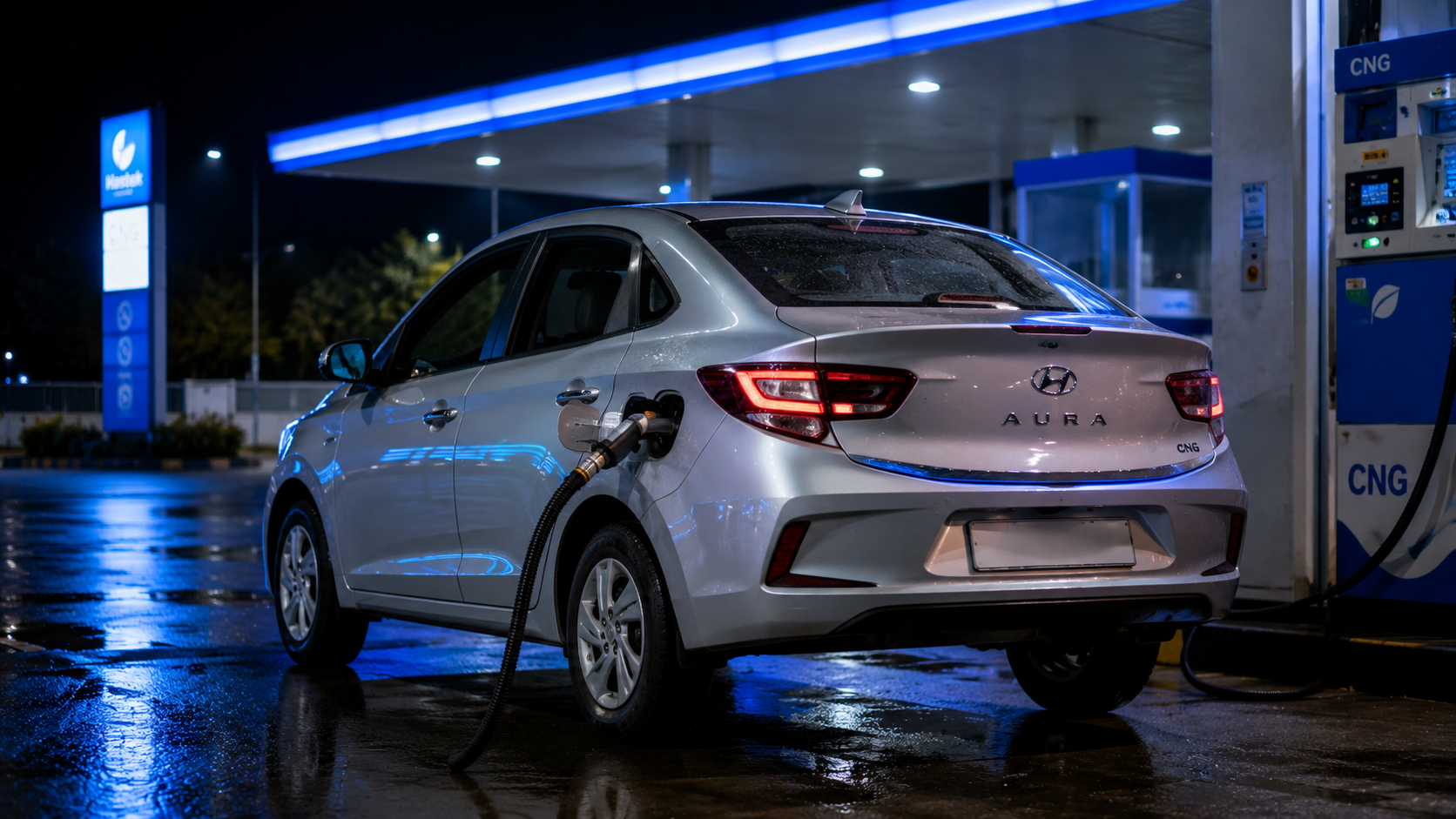 "Hyundai Aura CNG कार रात में CNG स्टेशन पर फीचर्ड फोटो"