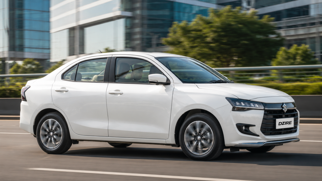 "Maruti Dzire सेडान सड़क पर ड्राइविंग करते हुए फोटो"