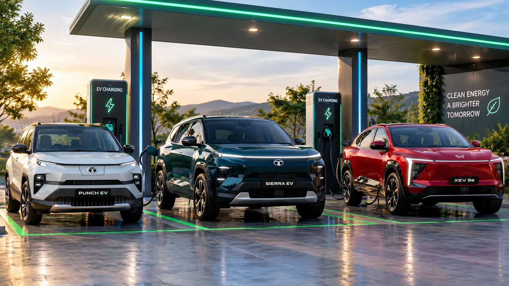 चार्जिंग स्टेशन पर Tata Punch EV, Tata Sierra EV और Mahindra XEV 9e इलेक्ट्रिक कारें एक लाइन में खड़ी हैं। आधुनिक EV चार्जिंग स्टेशन, नीली और हरी लाइटिंग तथा शानदार बैकग्राउंड इन कारों को प्रीमियम लुक देते हैं।