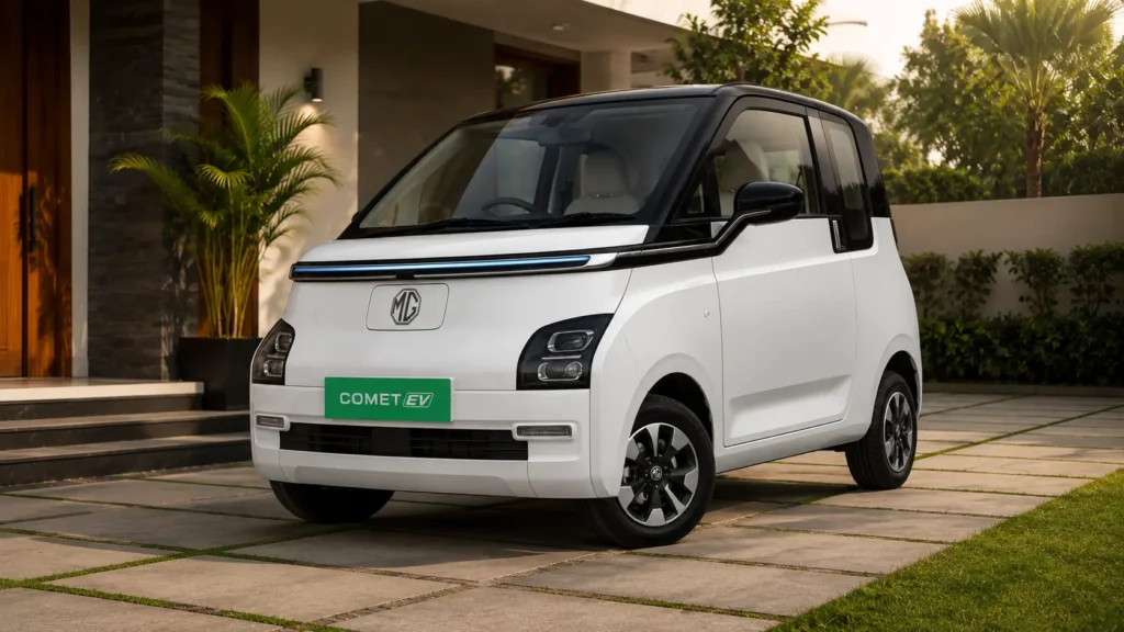  आधुनिक घर के सामने खड़ी सफेद  MG Comet EV