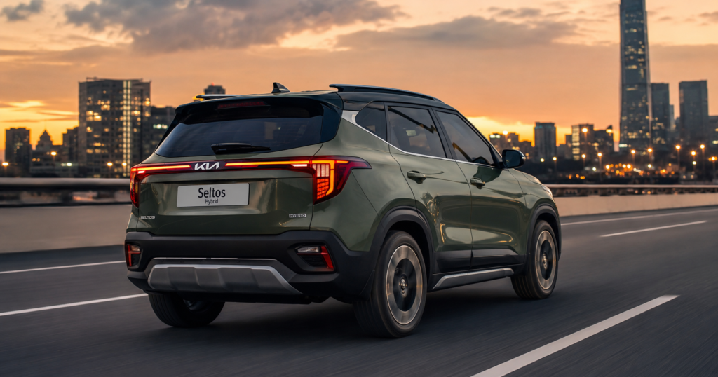 सिटी ब्रिज पर चलती हुई ऑलिव ग्रीन Kia Seltos Hybrid कार का रियर प्रोफाइल और कनेक्टेड LED टेललाइट लुक