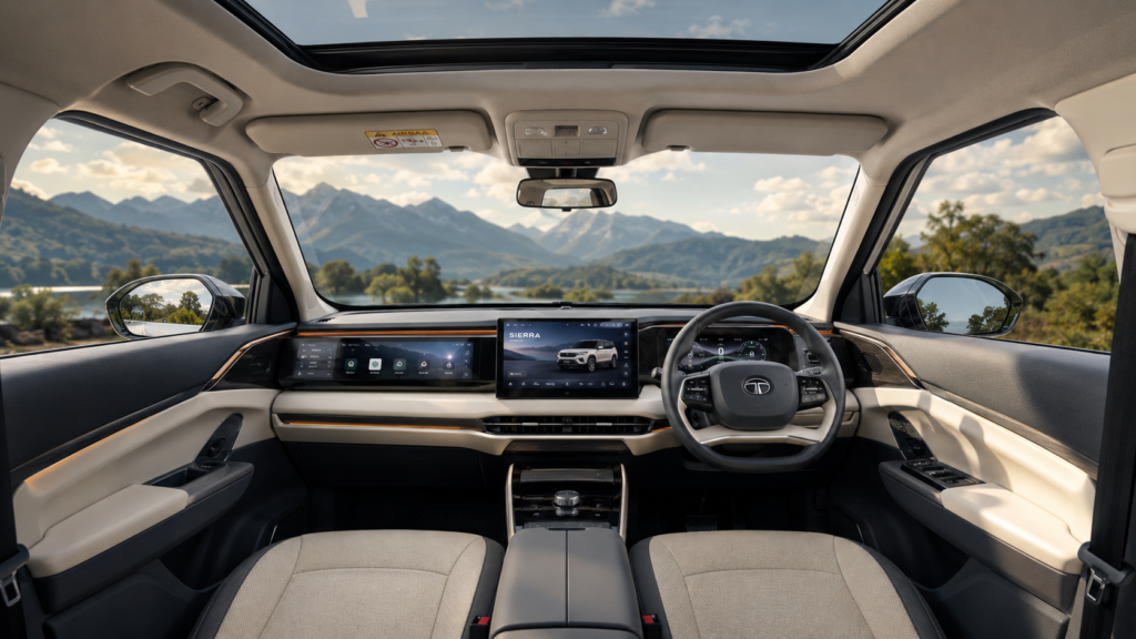 Tata Sierra EV का प्रीमियम इंटीरियर, डैशबोर्ड और बड़ा टचस्क्रीन इन्फोटेनमेंट सिस्टम