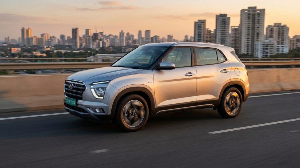"Hyundai Creta Electric SUV एक्सप्रेसवे पर ड्राइविंग करते हुए फोटो"