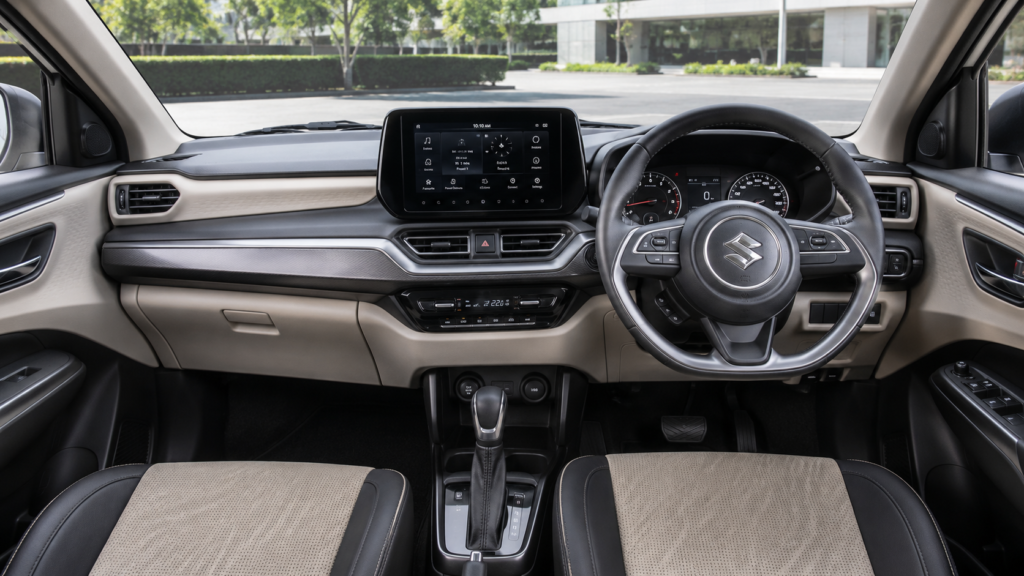 "Dzire कार का इंटीरियर डैशबोर्ड और सीट डिज़ाइन फोटो"
