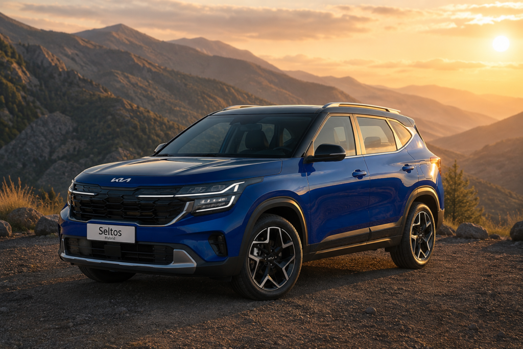 नीले रंग की नई Kia Seltos Hybrid SUV का फ्रंट लुक, पहाड़ों और ढलते सूरज के खूबसूरत बैकग्राउंड में
