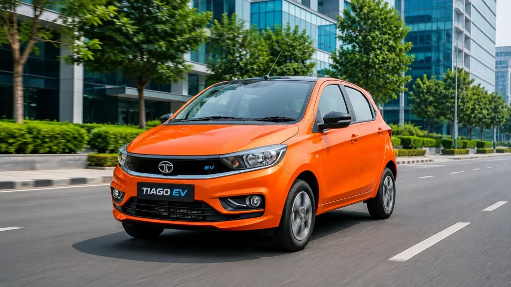 शहर की सड़क पर चलती नारंगी Tata Tiago EV 