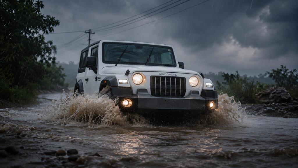 Thar 4x4 गाड़ी बारिश में पानी भरी सड़क पर ड्राइविंग करते हुए फोटो। आखिर thar price कितनी हैं।
