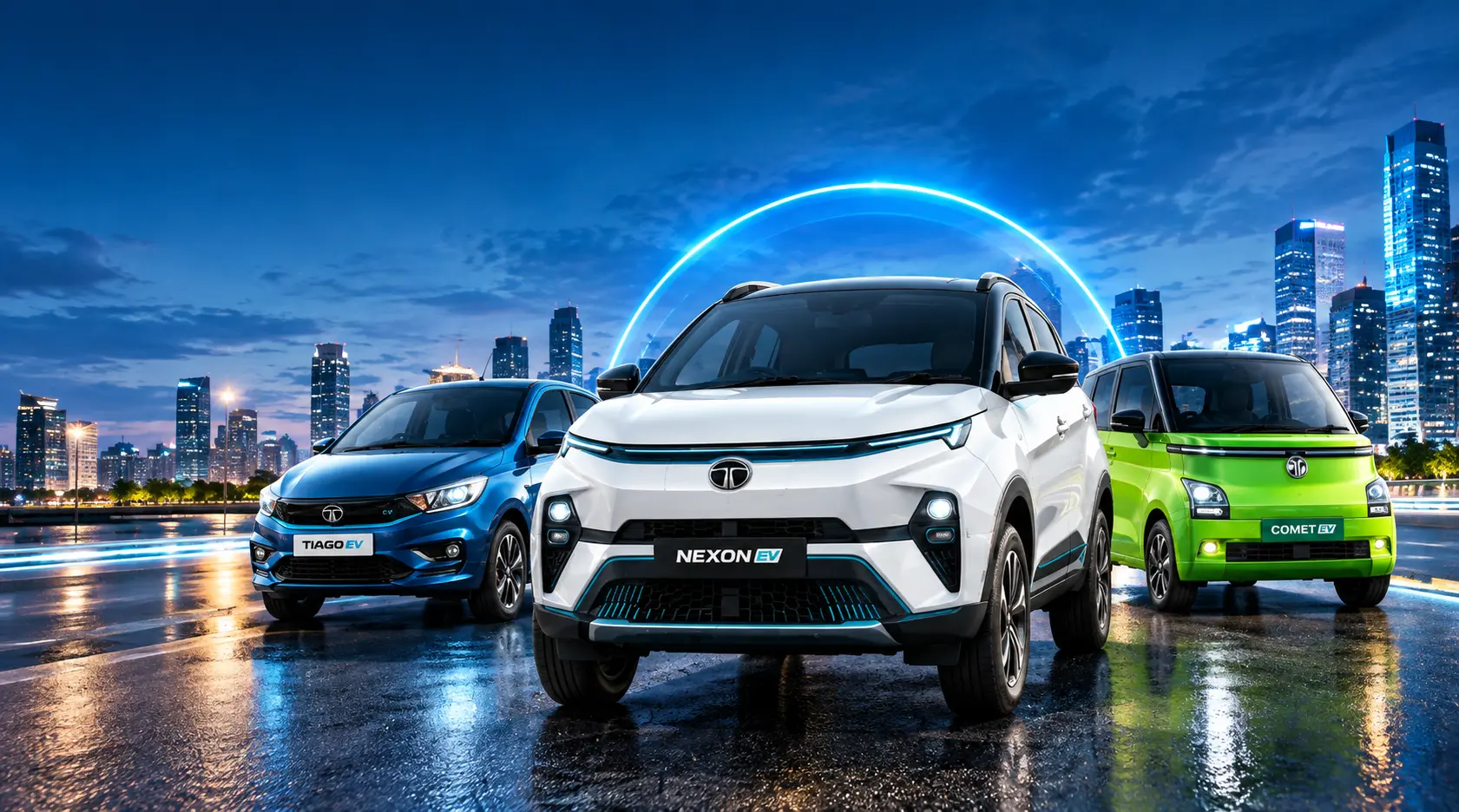 नीले और सफेद रंग की Tata Tiago EV और Tata Nexon EV के साथ हरे रंग की MG Comet EV एक आधुनिक शहर की चमकदार सड़क पर खड़ी दिखाई दे रही हैं। पीछे गगनचुंबी इमारतें, नीली रोशनी वाला आर्क और गीली सड़क पर कारों की खूबसूरत परछाइयाँ दिखाई देती हैं। यह तस्वीर इलेक्ट्रिक कारों को आकर्षक, प्रीमियम और आधुनिक अंदाज़ में प्रस्तुत करती है।