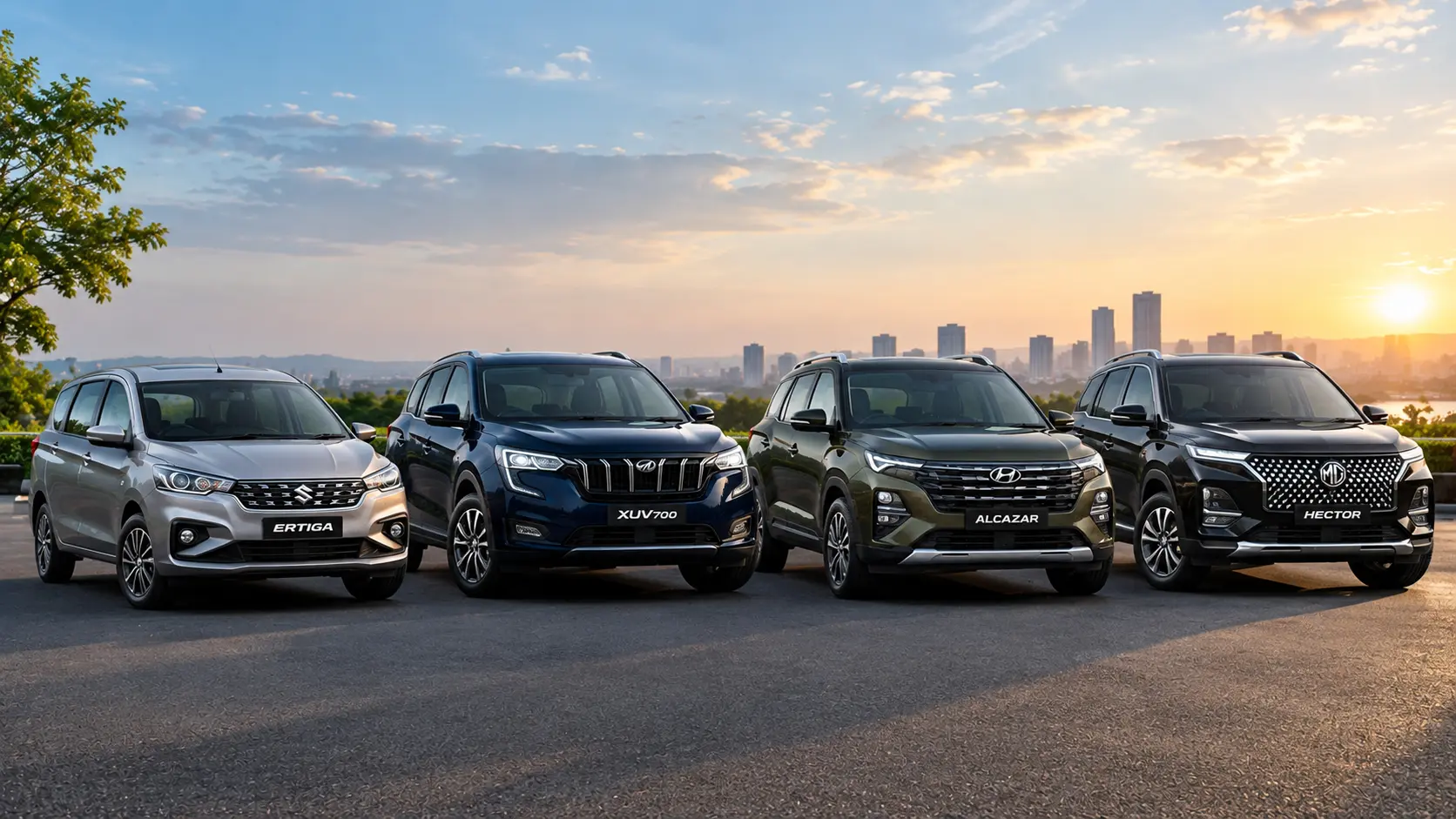 साफ और शांत सड़क पर सिल्वर Maruti Suzuki Ertiga, डार्क ब्लू Mahindra XUV700, ऑलिव ग्रीन Hyundai Alcazar और ब्लैक MG Hector सात-सीटर कारें सुनहरी शाम की रोशनी में एक साथ खड़ी दिखाई दे रही हैं। पीछे हरियाली, दूर आधुनिक शहर की इमारतें और हल्का बादलों वाला आसमान है। यह प्रोफेशनल ऑटोमोटिव फोटोग्राफी स्टाइल में चार फैमिली कारों की आकर्षक और रियलिस्टिक तस्वीर है।
