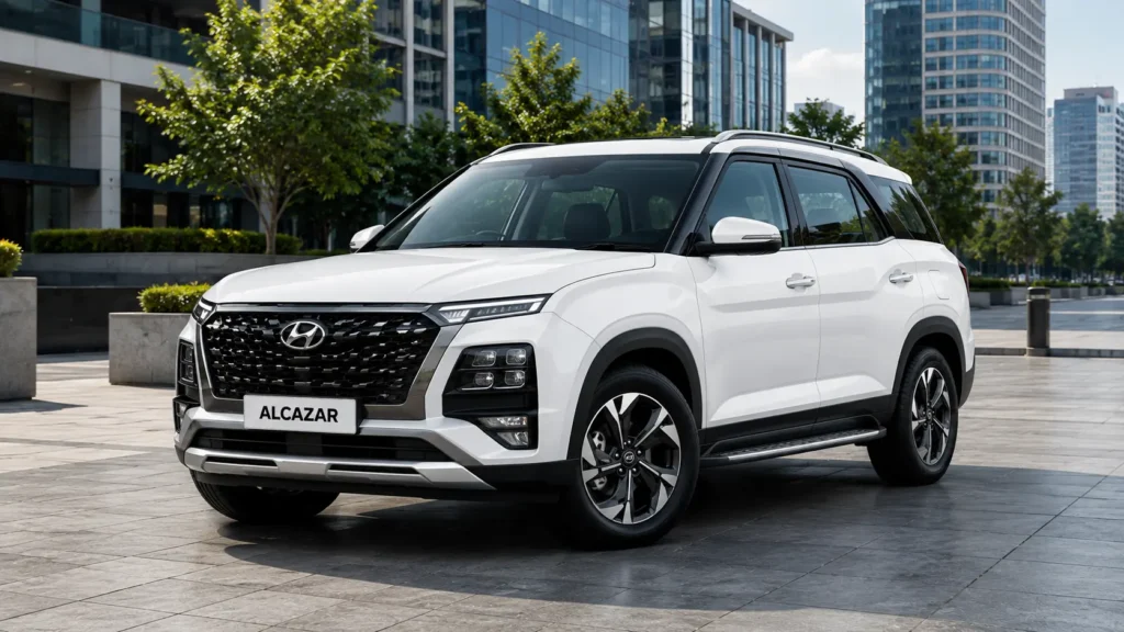 आधुनिक शहरी क्षेत्र में सफेद रंग की  Hyundai Alcazar SUV