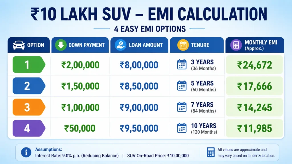 Best SUV under 10 lakhsin india  ईएमआई कैलकुलेटर 2026