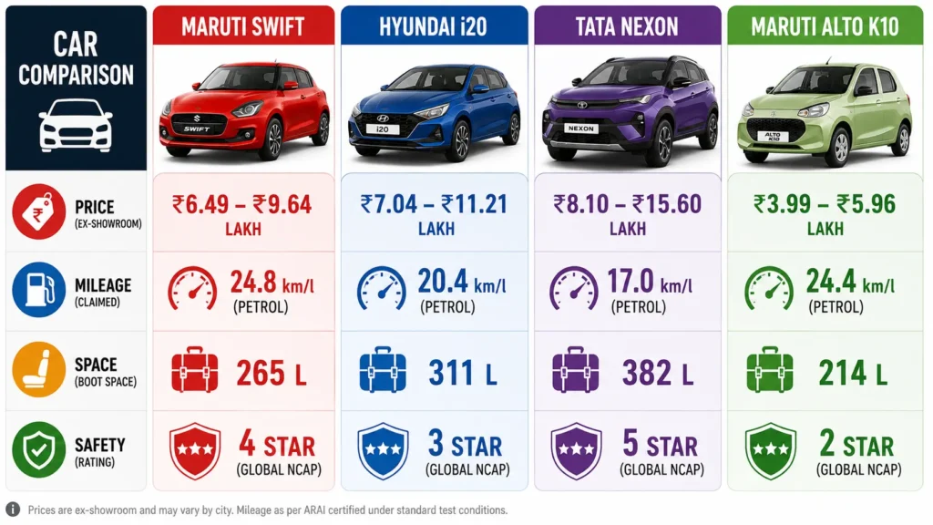 10 Lakh Budget Car की Price और Features का Comparison Chart