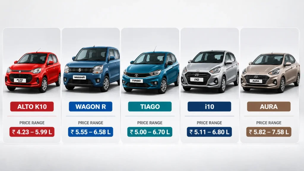 5 Lakh Budget Car एंट्री-लेवल के सबसे अच्छे विकल्पों की तुलना (विज़ुअल इमेज)