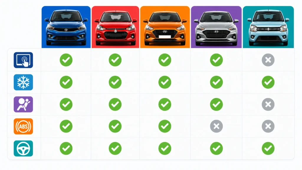 5 Lakh Budget Car में Features की Detailed Comparison Chart फोटो"