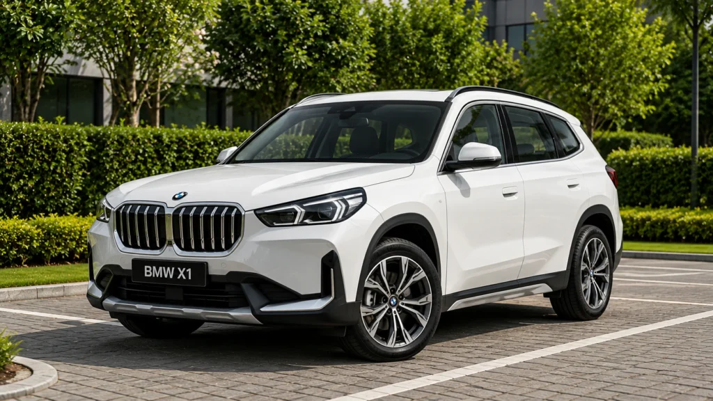Best luxury SUV in india की लिस्ट में शामिल सफेद रंग की बीएमडब्ल्यू एक्स1 लग्ज़री एसयूवी स्वच्छ पार्किंग क्षेत्र में खड़ी हुई