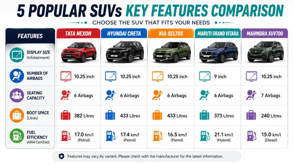 "Features Comparison Table — Best SUV in India Under 20 Lakhs Technical Specifications"