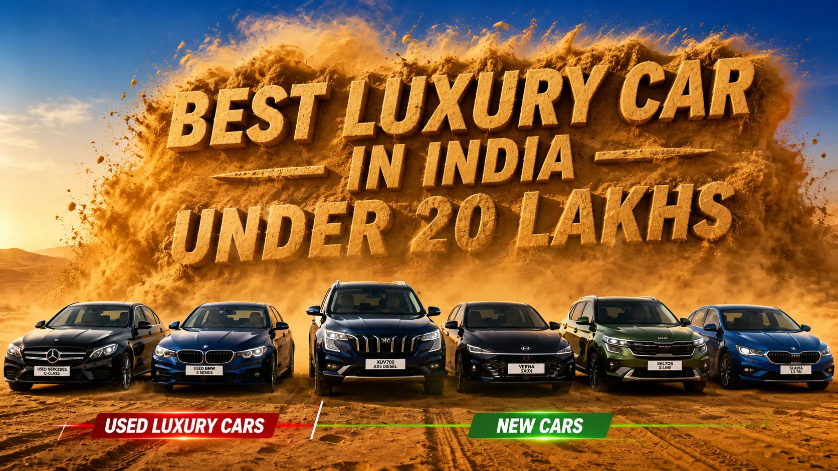 इस इमेज में सफेद बैकग्राउंड पर “Top New Cars Under ₹20L — Premium Feel” शीर्षक के साथ चार नई कारों का 2×2 ग्रिड में तुलना-आधारित इन्फोग्राफिक दिखाया गया है। इसमें Mahindra XUV700 AX5, Hyundai Verna SX(O) Turbo, Kia Seltos X-Line और Skoda Slavia 1.5 TSI शामिल हैं। प्रत्येक कार्ड में कार की तस्वीर, ऑन-रोड कीमत, प्रमुख विशेषता और संबंधित फीचर बैज दिया गया है। डिजाइन साफ, आधुनिक और मोबाइल-फ्रेंडली है।