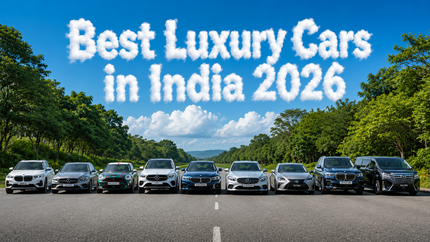 एक साफ-सुथरी हरी-भरी सड़क पर BMW X1, Mercedes C-Class, Mini Cooper S, Mercedes GLC, BMW 5 Series, Mercedes E-Class LWB, Lexus ES 500e, BMW X7 और Toyota Vellfire लक्ज़री कारें एक लाइन में खड़ी हैं। पीछे बादलों के बीच “Best Luxury Cars in India 2026” शीर्षक दिखाई दे रहा है। तस्वीर का लुक यथार्थवादी और प्रीमियम ऑटोमोटिव YouTube थंबनेल जैसा है।