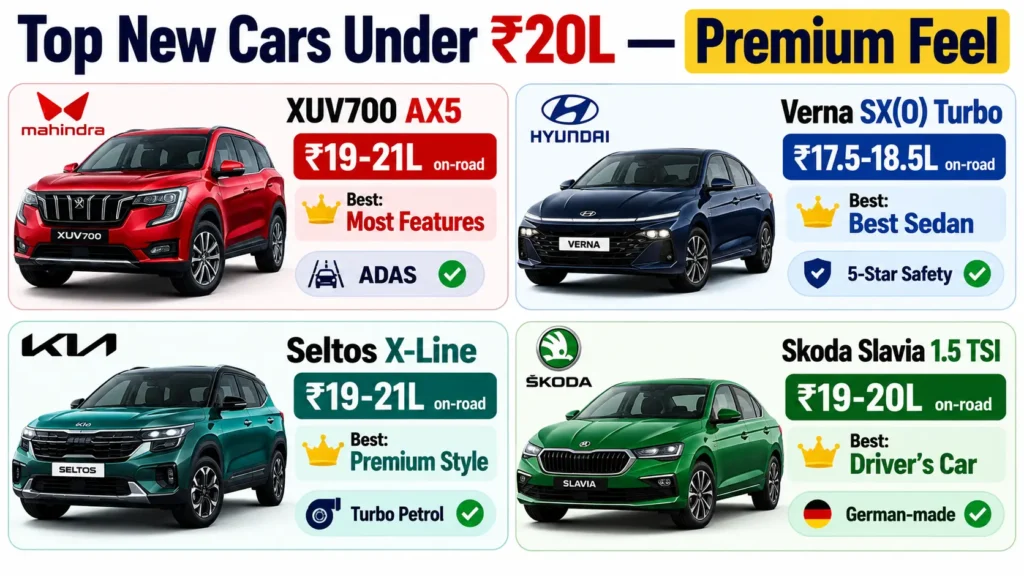 Best Luxury Car in India Under 20 Lakhs — XUV700, Verna, Seltos, Slavia Comparison चार्ट।