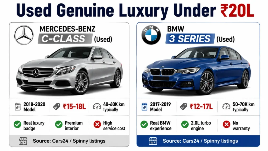 Used Luxury Cars Under 20 Lakhs India — Mercedes C-Class, BMW 3 Series असली विक्लप। 