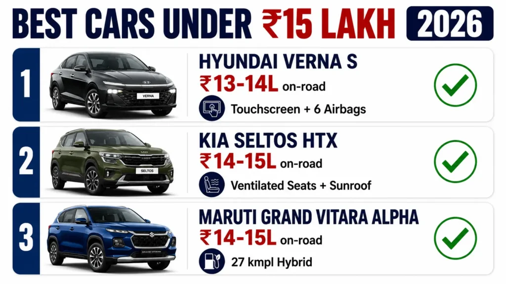 Best Car Within 15 Lakhs India — Hyundai Verna, Kia Seltos, Grand Vitara Hybrid